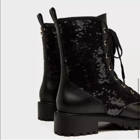Zara Black Leather Sequined Lace Up Boots Size 6 US - Picture 4 of 15